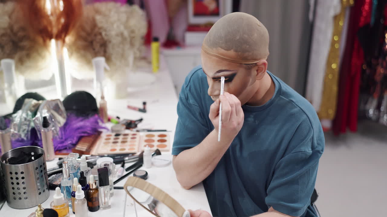 Drag queen applying makeup