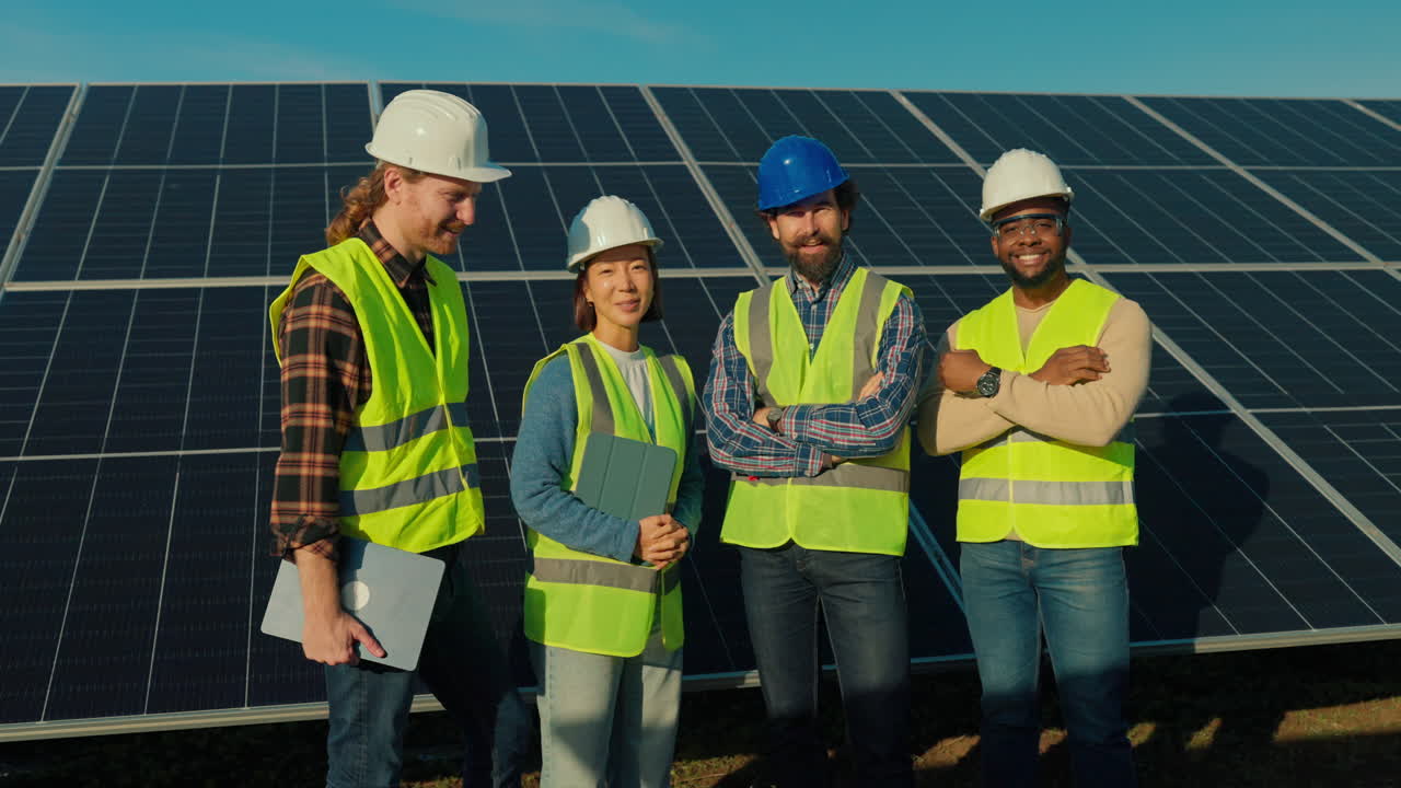Team of Construction Workers in Front of Solar Panels