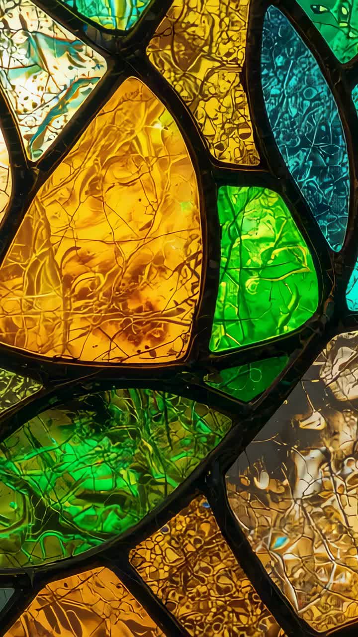 Vertical video: Camera panning over stained-glass window showing amber blue lead texture for color