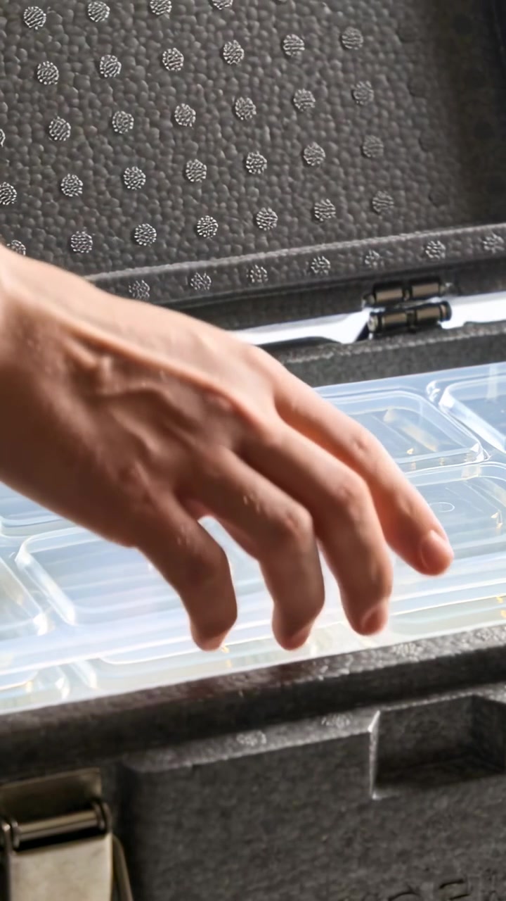 Vertical video: Opening lid, short sleeve hands lifting clear tray from gray case, checking flecks