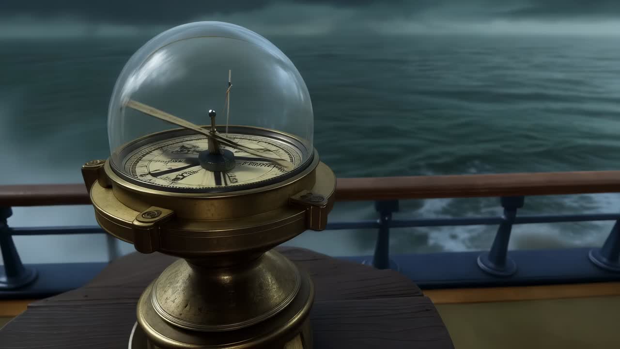 Panning back revealing wobbling rotating brass binnacle compass on foredeck pedestal as waves spray