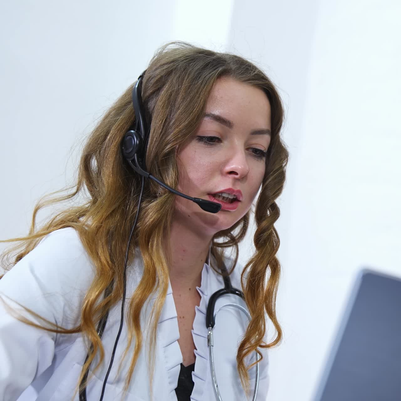 Nurse doctor videoconferencing with a patient. Medic is consulting and giving advises. Virtual webcam chat app. Cute phisician at working place