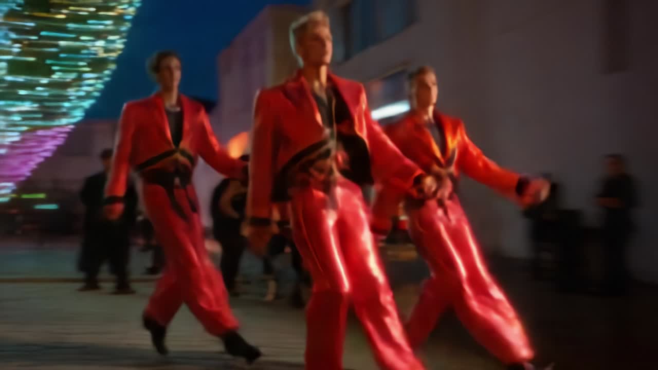 Dynamic Performance: Three Dancers in Shimmering Red Outfits Bring Spectacle to Life, Moving with Energy and Flair Against a Backdrop of Multicolored Lights in a Nighttime Scene, Captivating Audiences with Their Bold Style