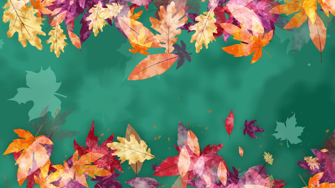 Artistic animated frame of drawn autumn colored falling leaves. Green looped abstract holiday background. Copy space.