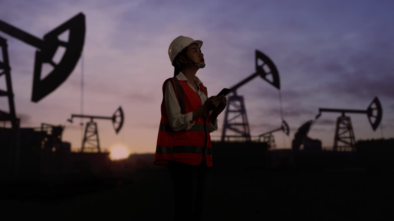 안전 헬을 착용한 아시아 여성 엔지니어가 큰 석유 에서 해가 뜨면 석유 폼을 점검합니다.