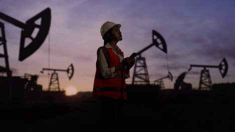 side view of asian female engineer with safety helmet inspects oil pumps at sunrise in a large oil field. using smartphone and looking around