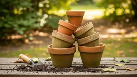 a beautiful arrangement of stacked flower pots on a wooden table surrounded by nature, perfect for gardening enthusiasts and plant lovers