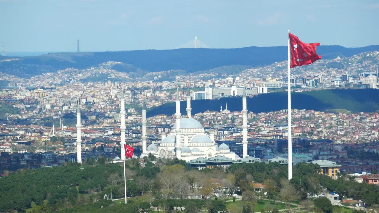 Istanbul Cityscape with Mosque and Turkish Flag