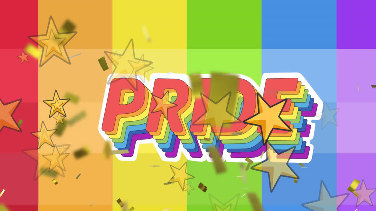 animación de orgullo lgbtq texto y confeti cayendo sobre el fondo del arco iris