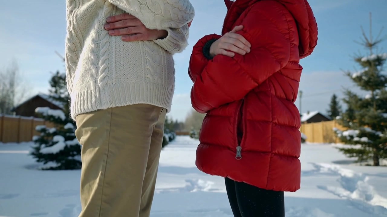 La telecamera si allontana, rivelando un adulto e un bambino in piedi su una strada innevata, con un piumino rosso in evidenza.