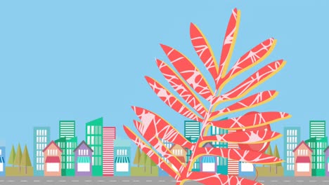 Animation-of-leaf-over-cityscape-on-blue-background