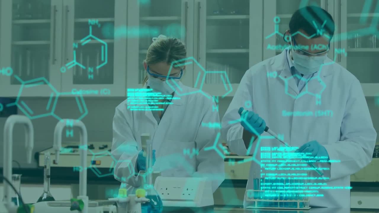 animación del procesamiento de datos médicos sobre diversos científicos masculinos y femeninos que trabajan en el laboratorio