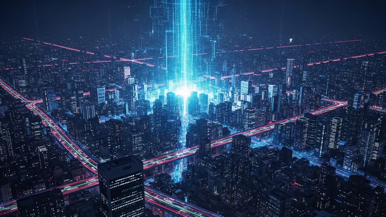 A Stunning Cityscape Illuminated by a Brilliant Beam of Light: Exploring the Futuristic Urban Metropolis with Neon Highlights and High-Tech Vibes