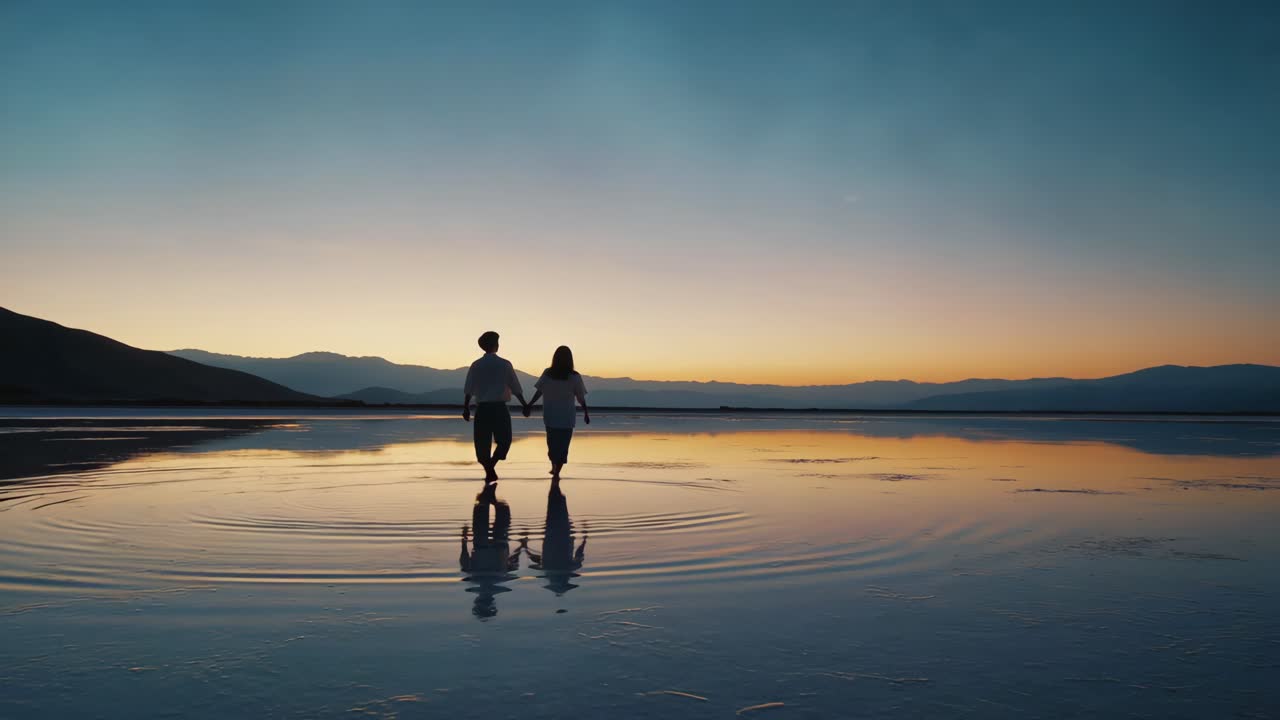 Romantic couple holding hands walking on calm lake at sunset enjoying freedom and serenity, their reflection perfectly mirrored in the water creating a magical atmosphere