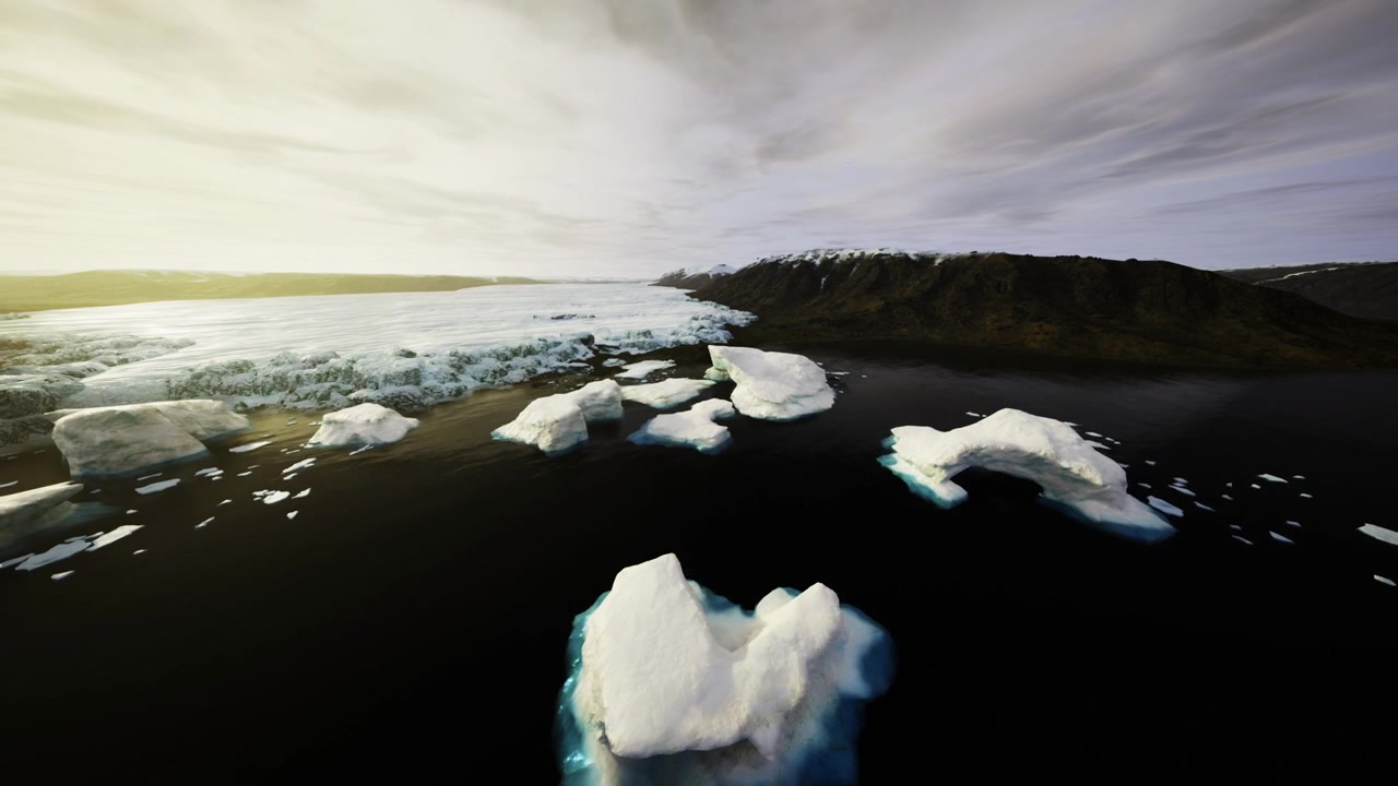 Odległe wybrzeże widoczne za pływającymi fragmentami na spokojnej scenie oceanicznej.