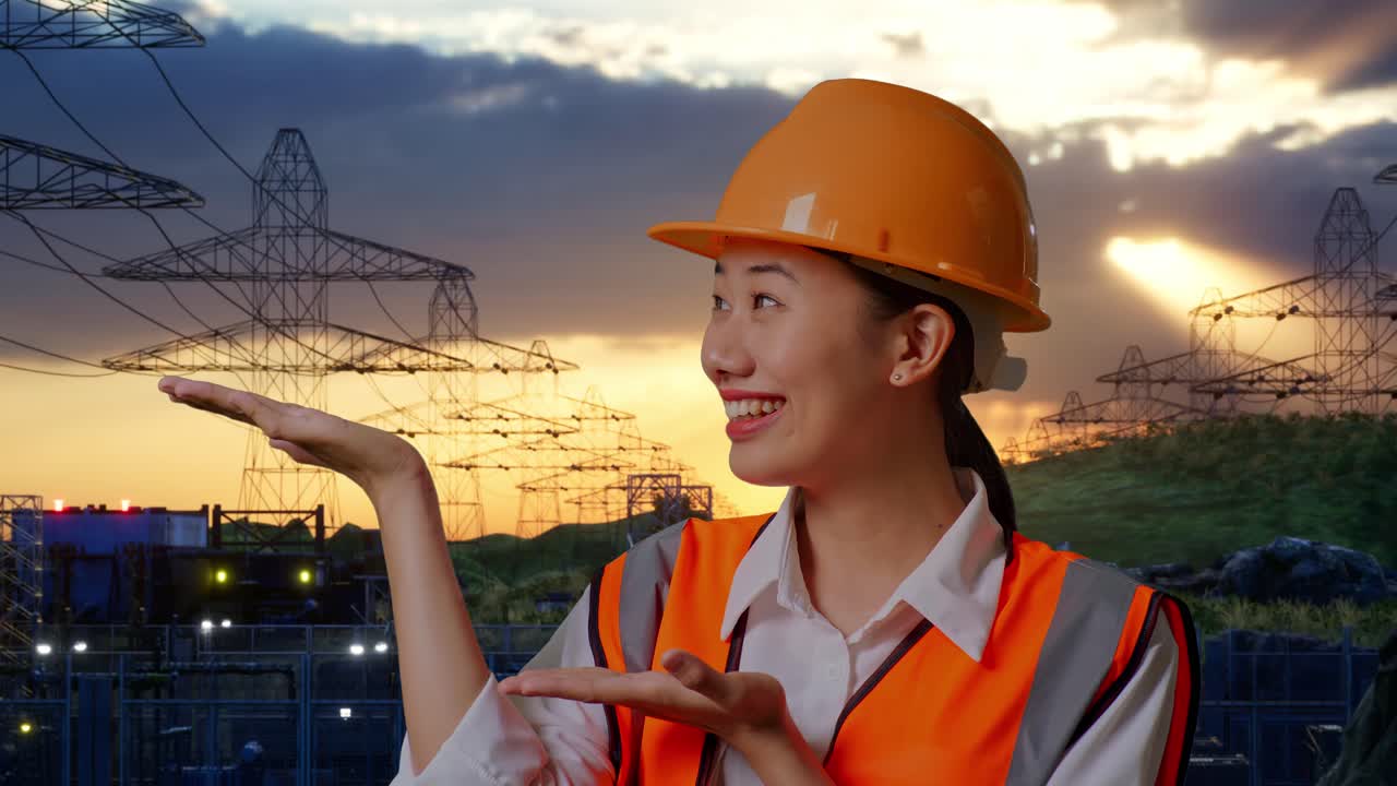 Close Up Of Asian Female Engineer With Safety Helmet Smiling And Pointing To Side While Standing Near High Voltage Tower