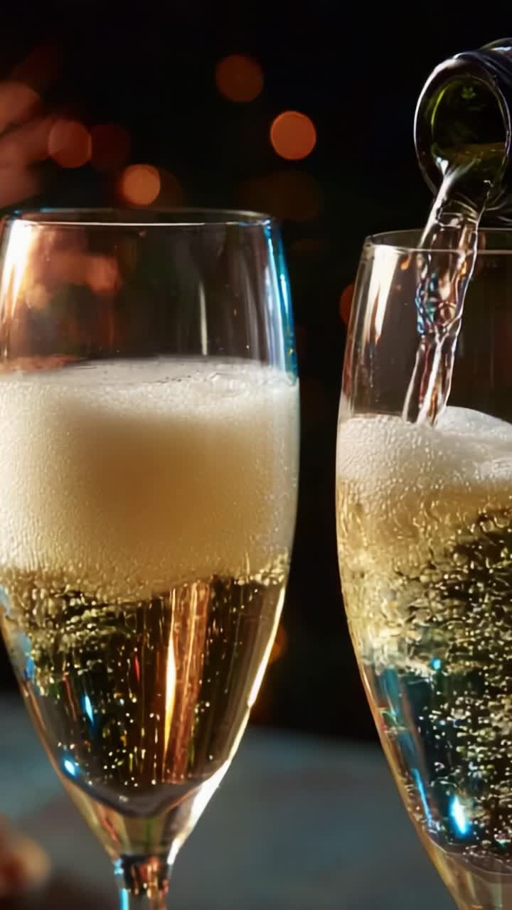 Celebratory Moments: Two Glasses of Bubbly Champagne Being Poured in Elegant Flutes, Capturing Effervescent Bubbles and a Glowing Festive Background for Any Special Occasion or Toast