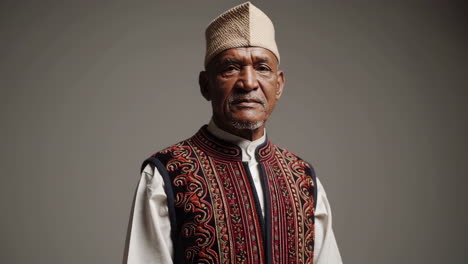 portrait of an elderly man in traditional embroidered attire