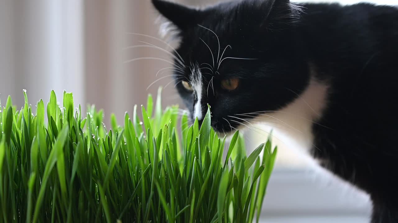 Close up of beautiful black and white cat sniffing a fresh pot of cat grass at home