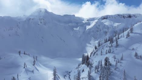 expansive aerial shot from right to left of snow covered valley in the cascade mountains of washington state