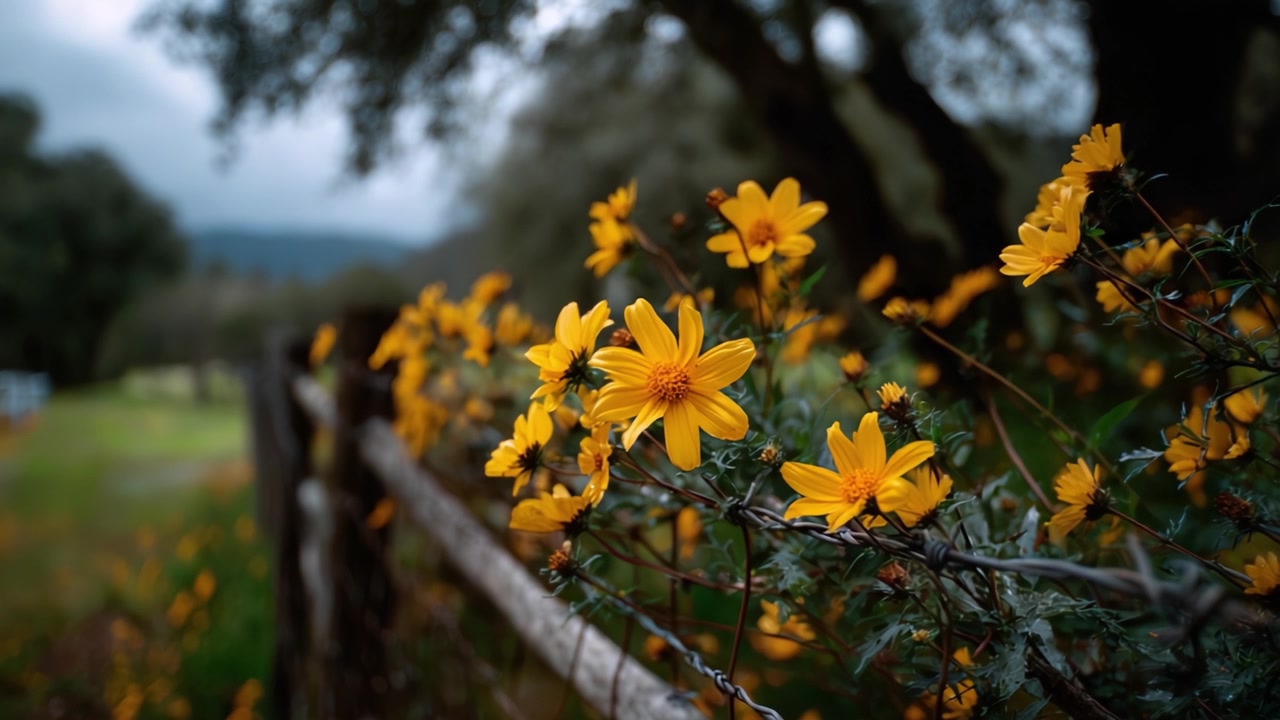 Fiori gialli vivaci che sbocciano lungo una recinzione rustica, catturando l'essenza della bellezza della natura in mezzo a un paesaggio lussureggiante e sereno con uno sfondo sfocato.