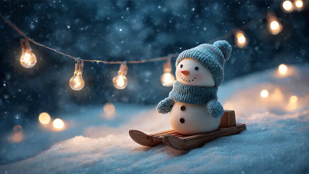 A charming snowman sits on a wooden sled under soft, twinkling lights, creating a magical winter scene perfect for the holiday season and festive celebrations