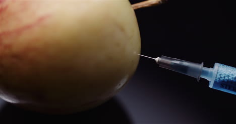 inyección de jeringa de modificación genética de alimentos liqquid en apple concepto de modificación de gmo 4