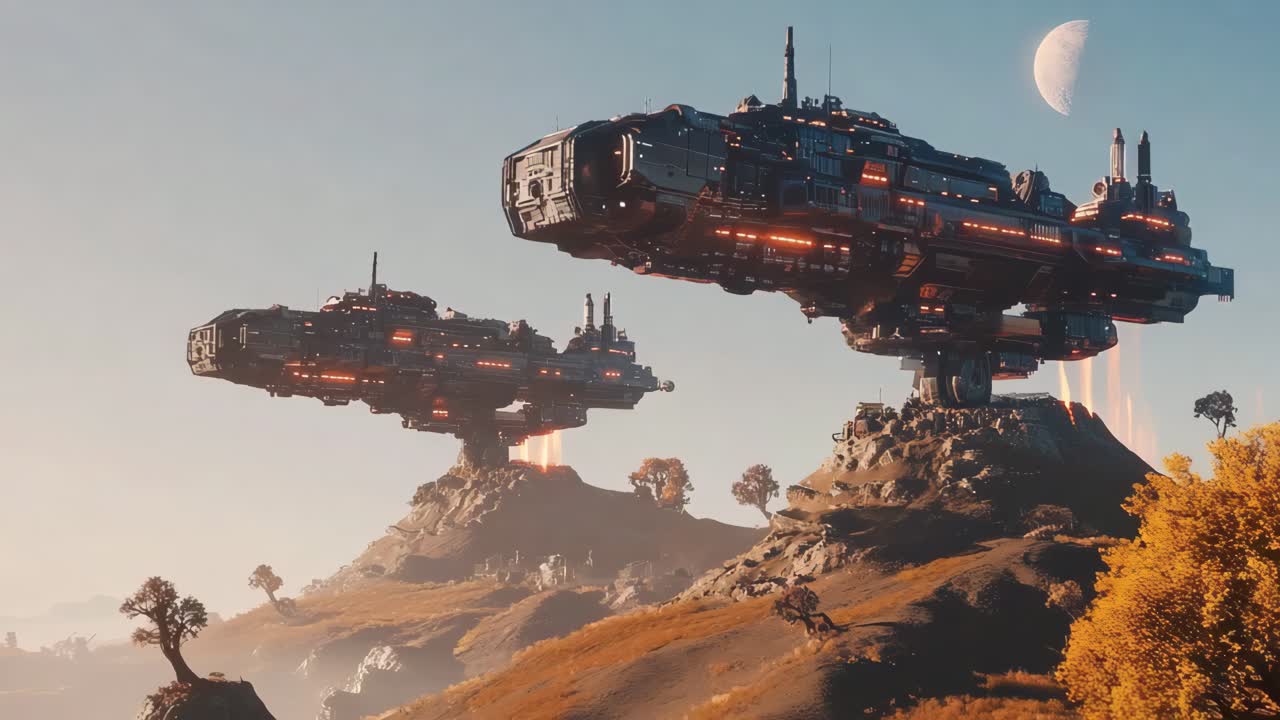 Floating Spaceships Above an Alien Landscape