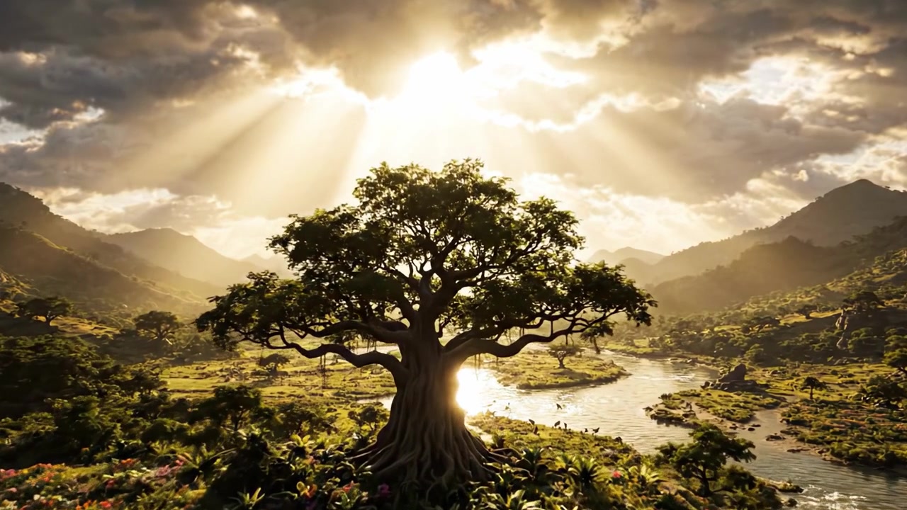 Árvore Majestosa Erguendo-se em Meio a uma Paisagem Serena, Banhada pela Luz Dourada do Sol Enquanto Raios Iluminam as Montanhas e se Refletem no Rio Calmo Abaixo