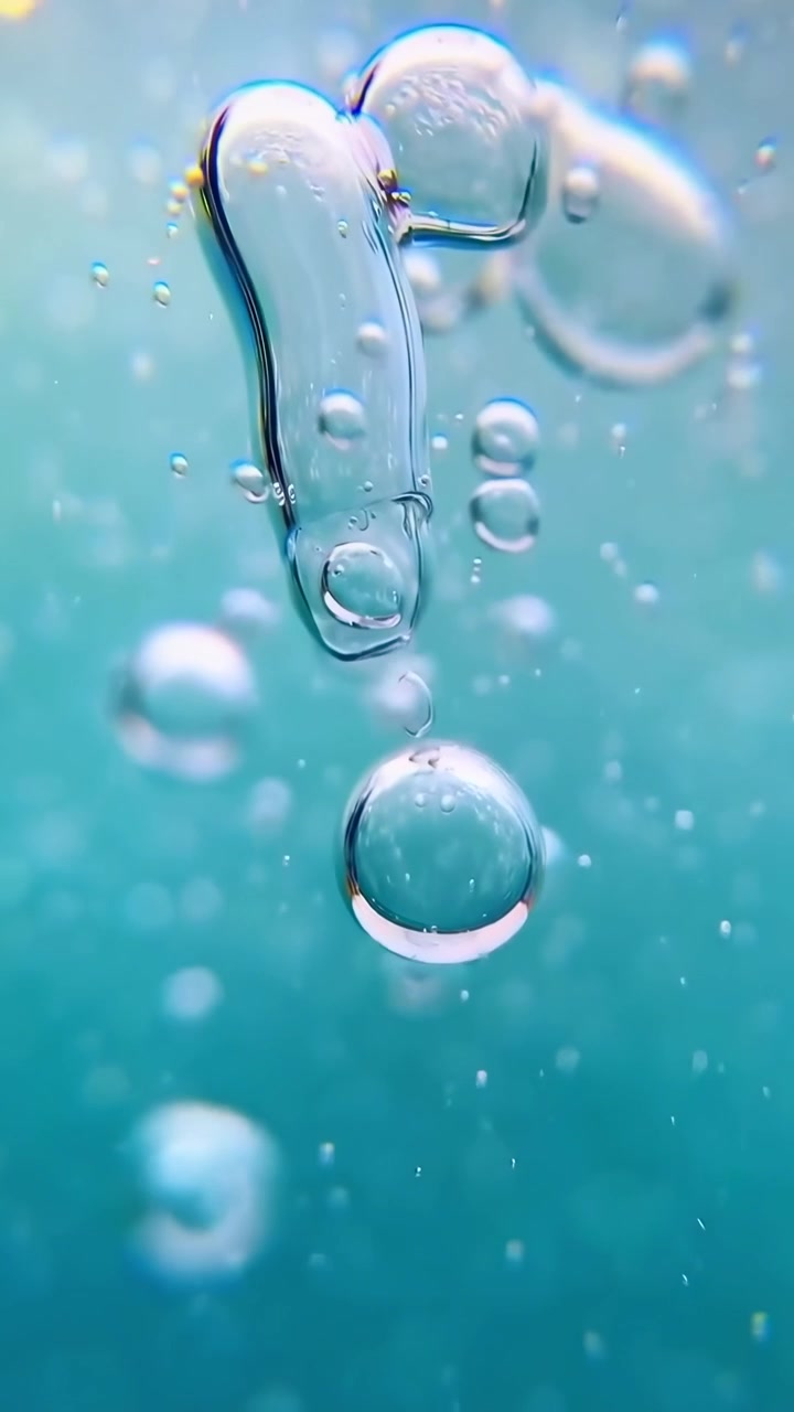 Bolle d'aria trasparenti che salgono in un ambiente subacqueo blu