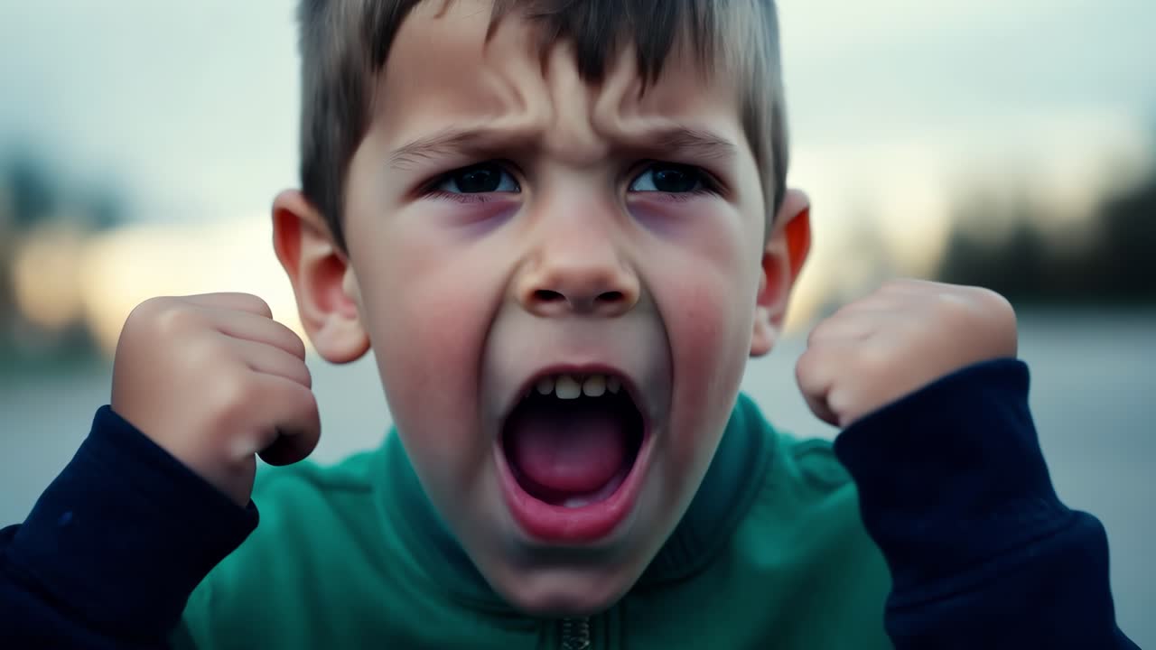 Angry young boy shouting with clenched fists
