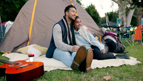 happy couple, hug and relax on camp in nature