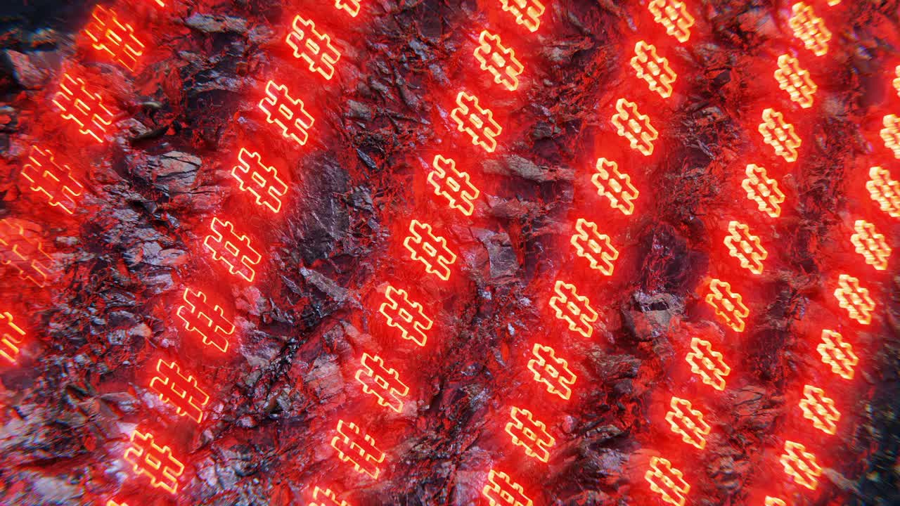 노란색 해시태그 줄이  ⁇ 은색으로 빛나고, 3d 렌더링, 소셜 미디어 전략