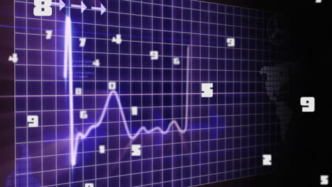 animación de la interfaz digital con números cambiantes, mapa del mundo, línea de monitor, procesamiento de datos