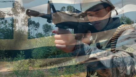 digital composition of waving greece flag against soldier training with a gun at training camp