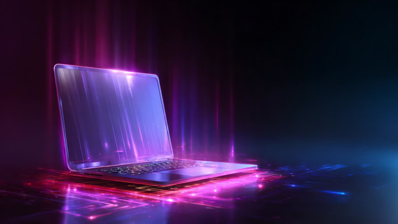 A dynamic and vibrant laptop emanating colorful lights and visual effects, symbolizing technology, innovation, and the interconnected digital world, captivating the imagination with its glowing presence