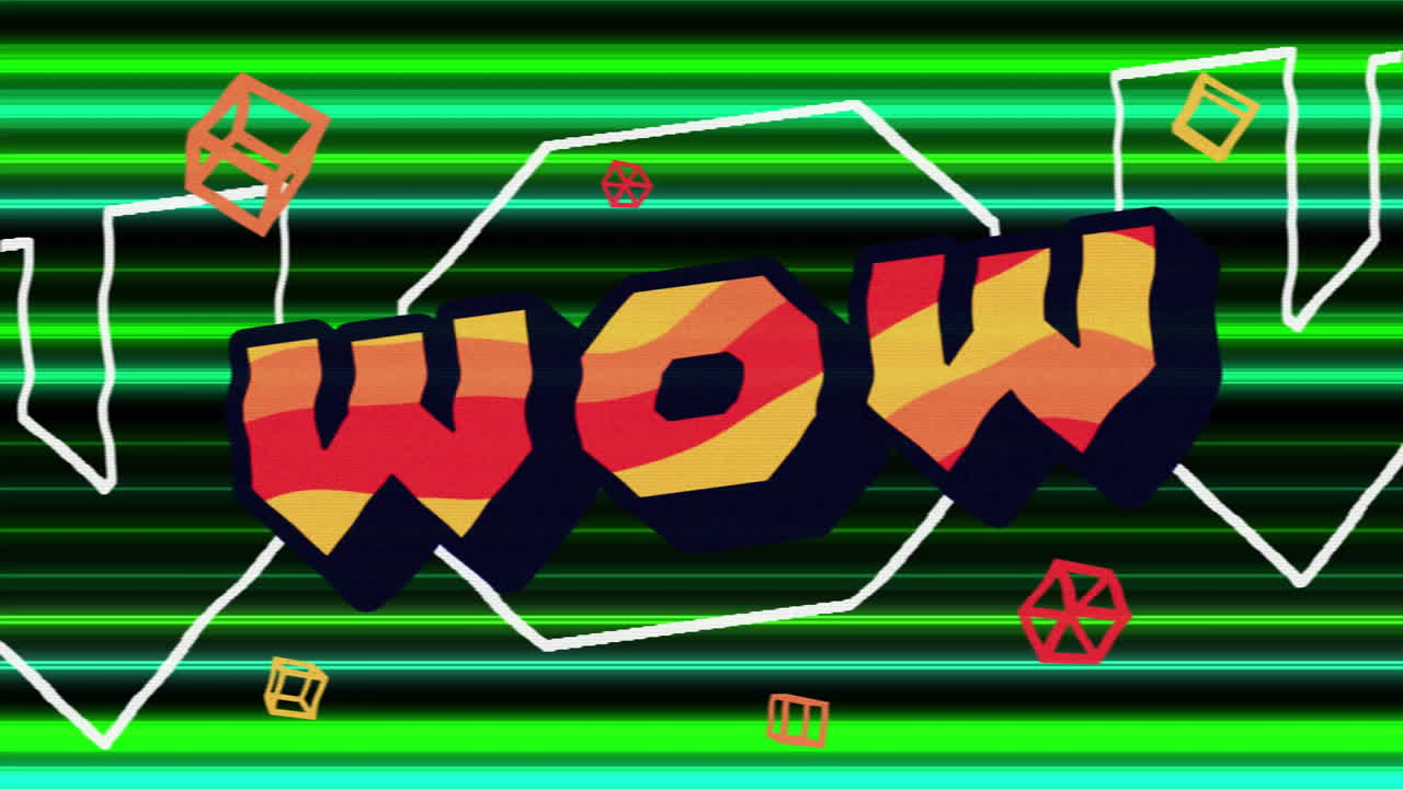 Animation of wow text over green shapes