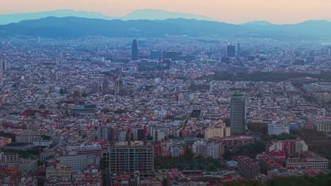 barcelona city center aerial with dense residential neighborhood, establishing wide cityscape