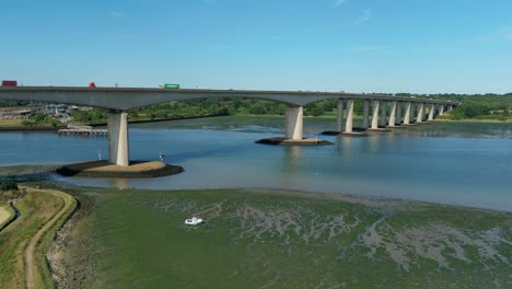 High Altitude Drone Shot of the Strand River Area and Iconic Orwell Bridge in Suffolk