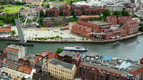 Aerial-of-the-waterfront-area-in-Gdańsk,-featuring-the-Ferris-wheel-and-historical-buildings