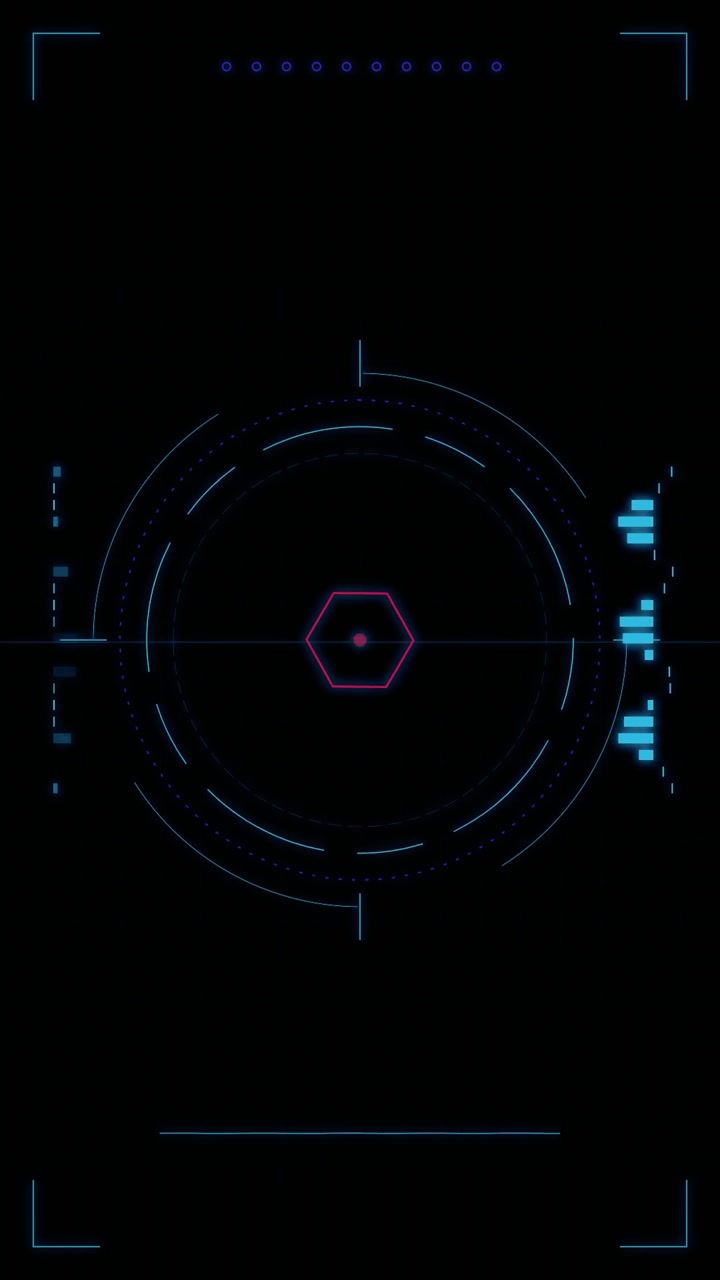Futuristic Digital HUD Interface with Rotating Hexagon and Data Bars