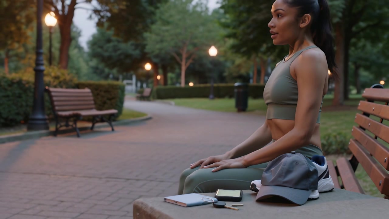 Mujer colocando un objeto redondo cerca de un smartphone, con ropa de ejercicio color oliva, sentándose en un banco del parque, descansando.