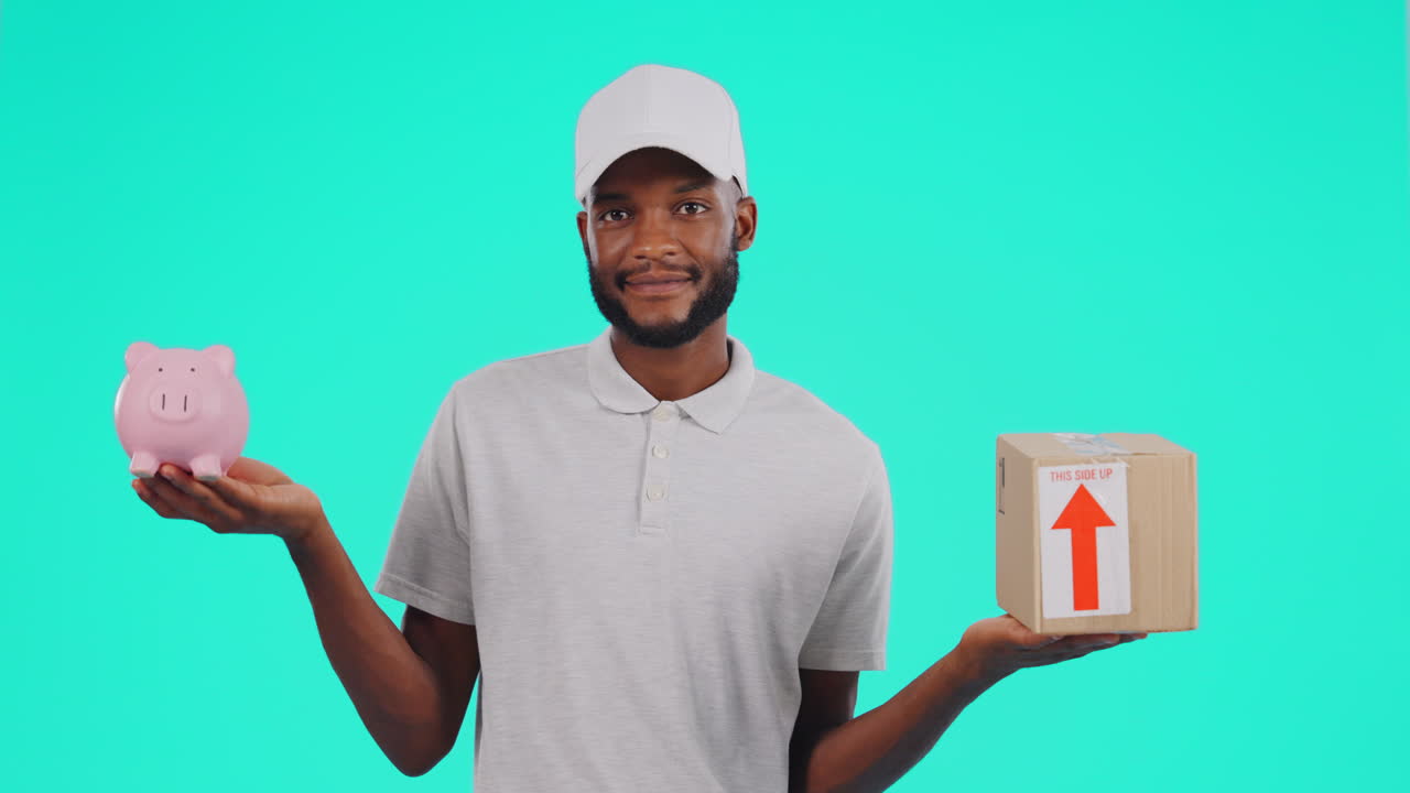 Delivery, black man and confused with box