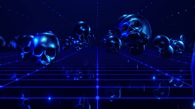 Dark blue skulls floating smoothly above the plane in a blue haze. VJ LOOP animation for your beautiful videos. I wish you successful creativity!