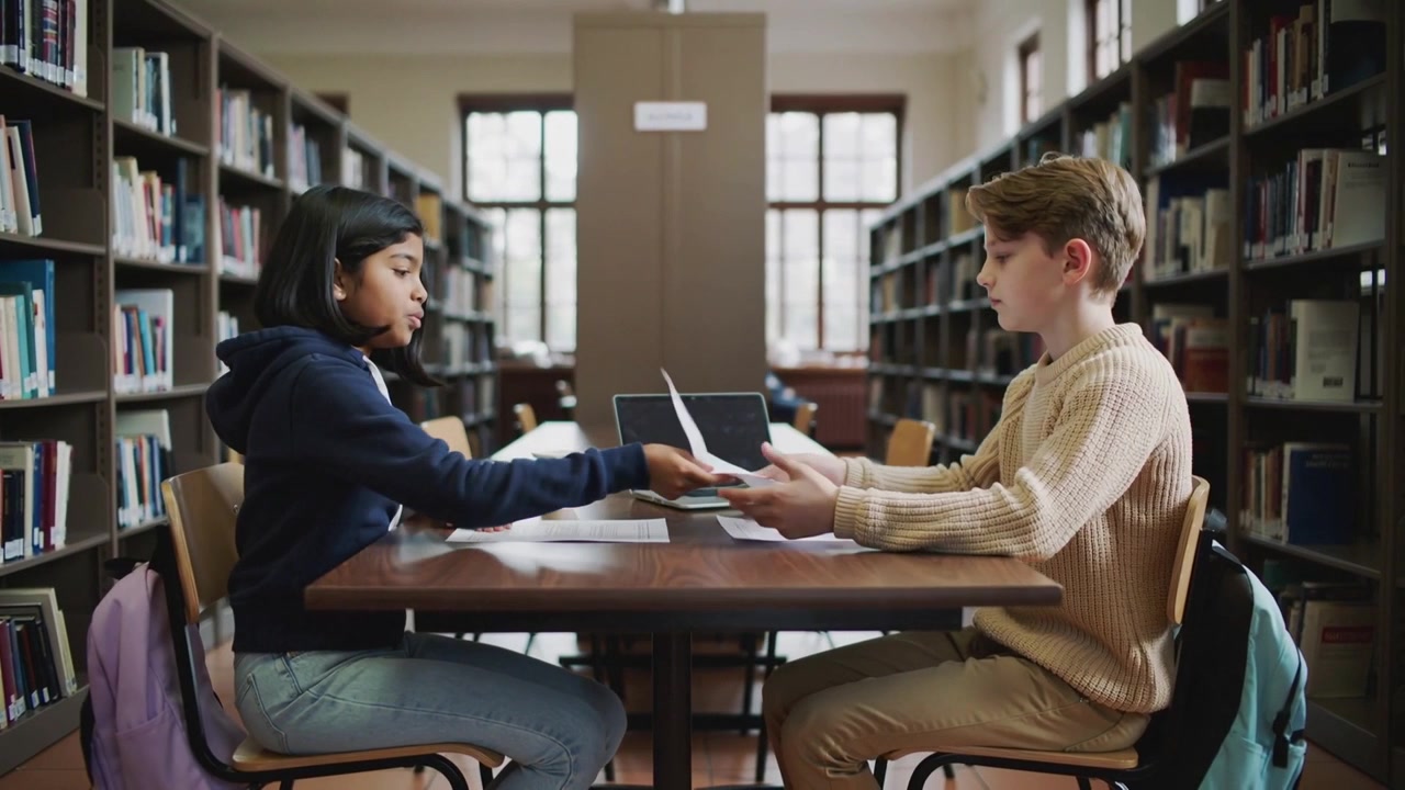 Reviewing left student hoodie lifting and passing sheet at school library table, laptop for study