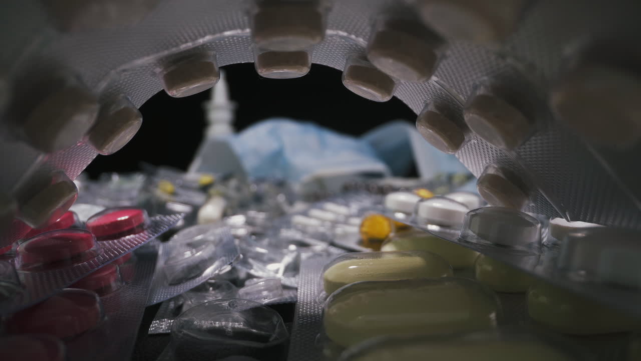 검은 벽에 의해 치료 결과로 약물 블리스터와 마스크