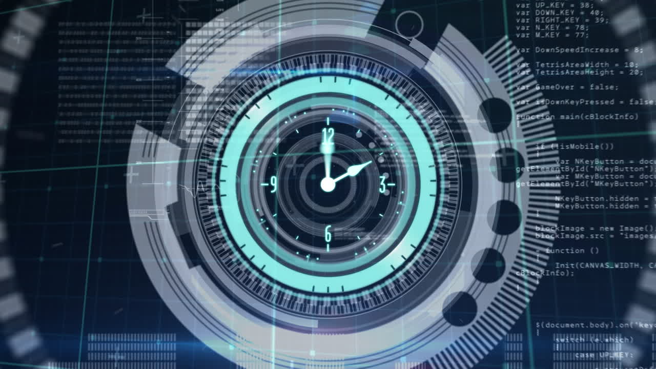 Animation of clock and safe lock rotating, over data processing on black background