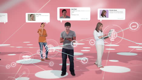 animación de la red de conexiones con iconos sobre diversas personas con tabletas