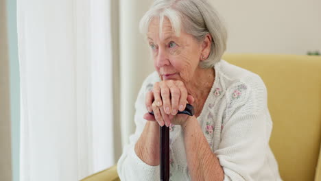 Senior-woman,-cane-and-thinking-on-home-sofa-to