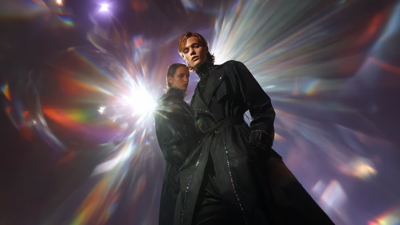 A Stunning Fusion of Fashion and Light: Captivating Models Dressed in Elegant Black Attire Stand Pose Amidst an Enchanting Spectrum of Colors, Creating a Striking Visual Contrast that Captures the Essence of Modern Style